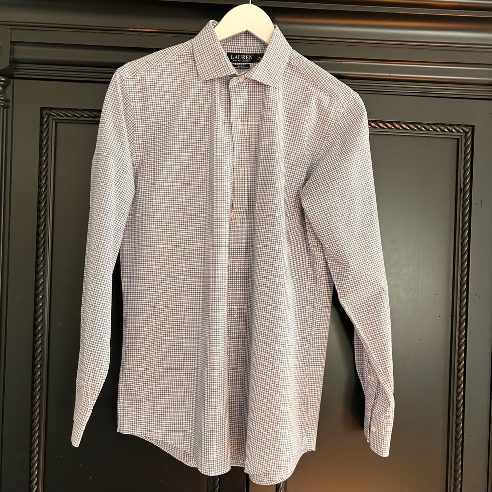 Ralph Lauren Men's Dress Shirt Blue Micro-Check 15 1/2 inch neck 34/35